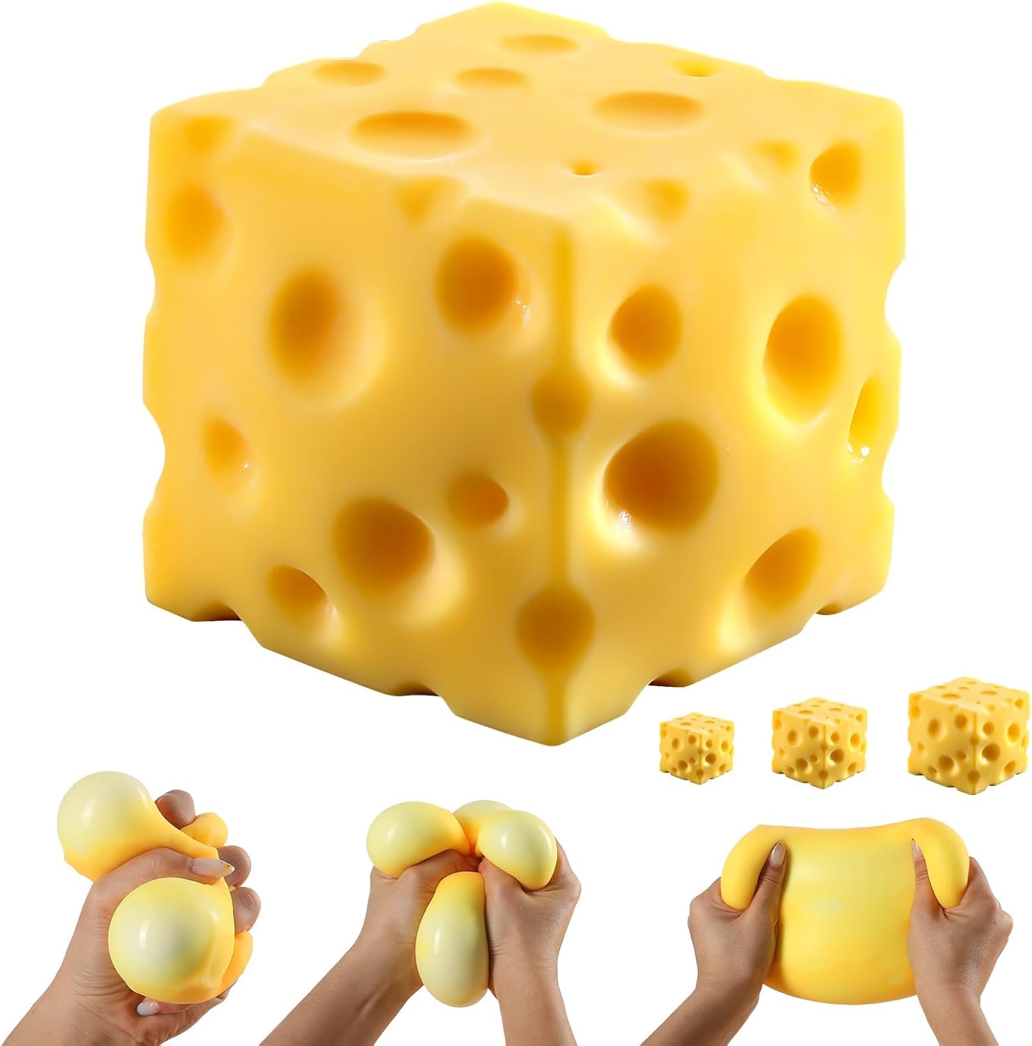 Cheese Squishy Cube Block, Squishy Fidget Toys for Adults, Easter Basket Stocking Stuffers, Sensory Stress Ball Squeeze Toys for Stress Relief (Yellow 2.4 in) - Image 2